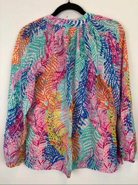 Lilly Pulitzer Popover Electric Feel 100% Silk Long Sleeve Elsa Blouse Medium - Picture 6 of 9